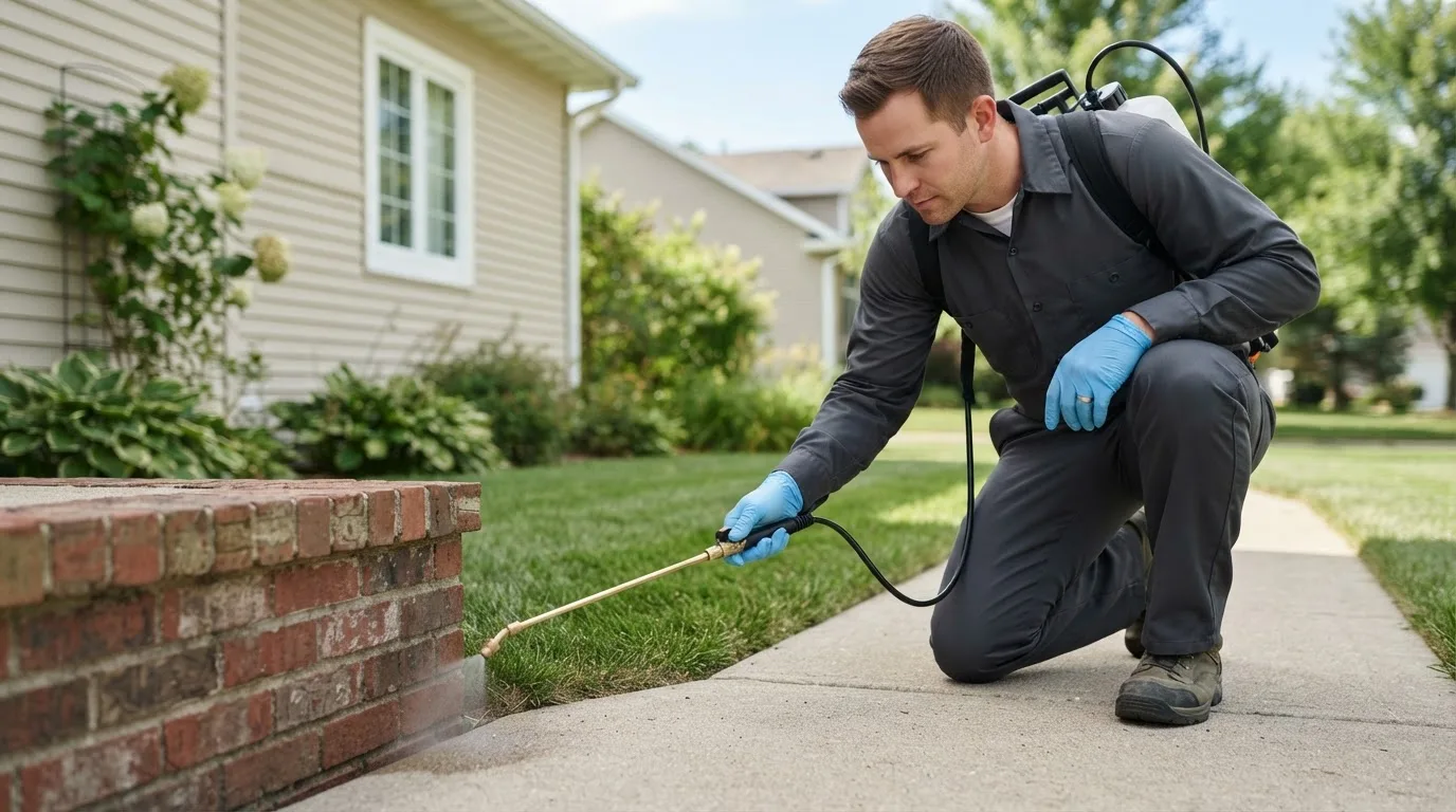 Pest control technician treating a home near Aguirre, PR